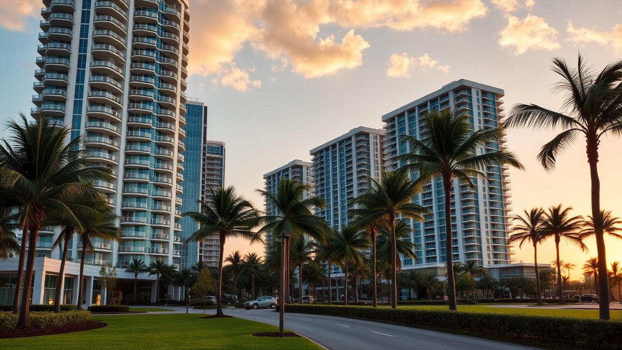 Aventura luxury condominium towers viewed from a manicured boulevard at golden hour.