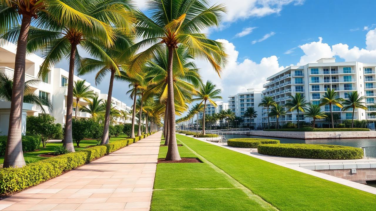 Bal Harbour upscale coastal pedestrian walkway with manicured landscaping.