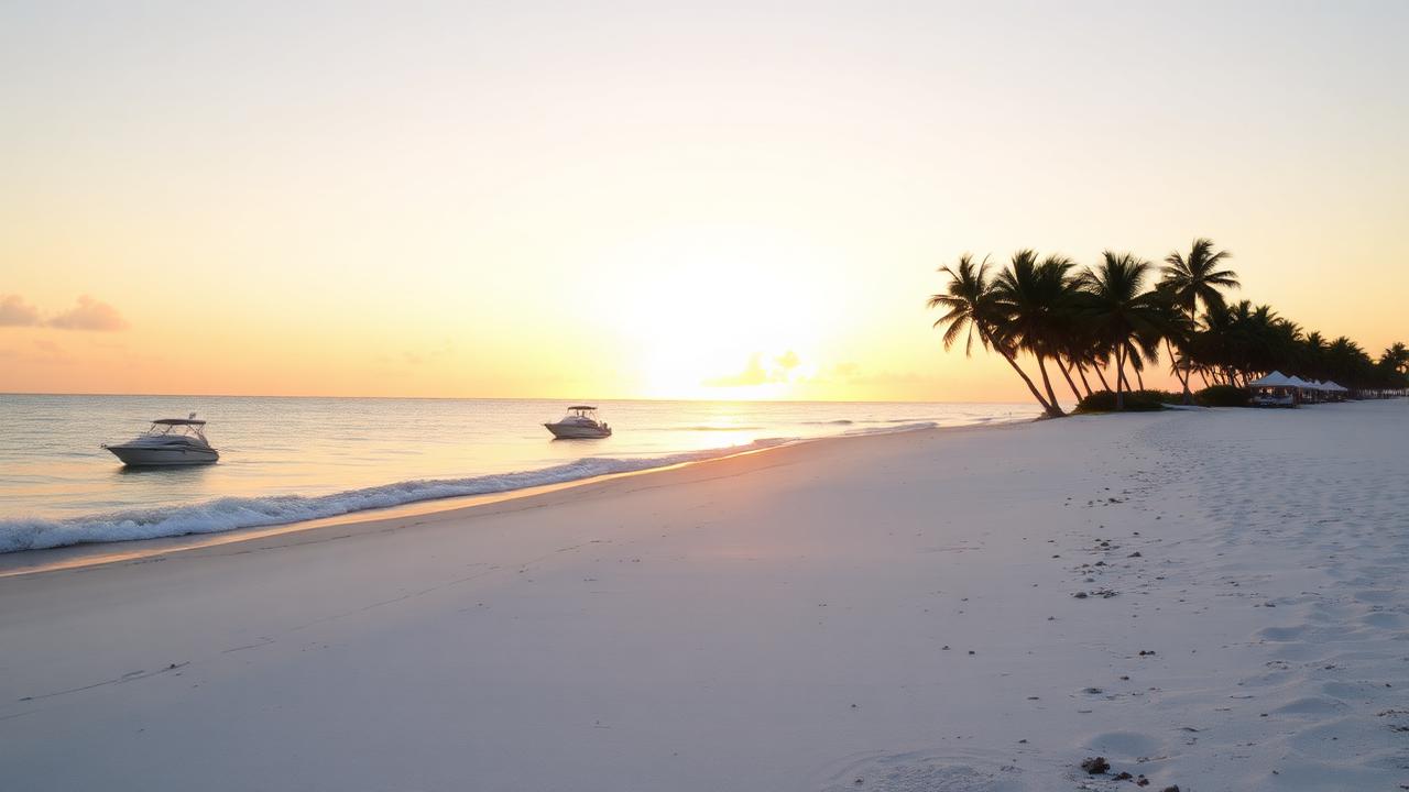 Calm South Florida beach at sunrise with palm trees.