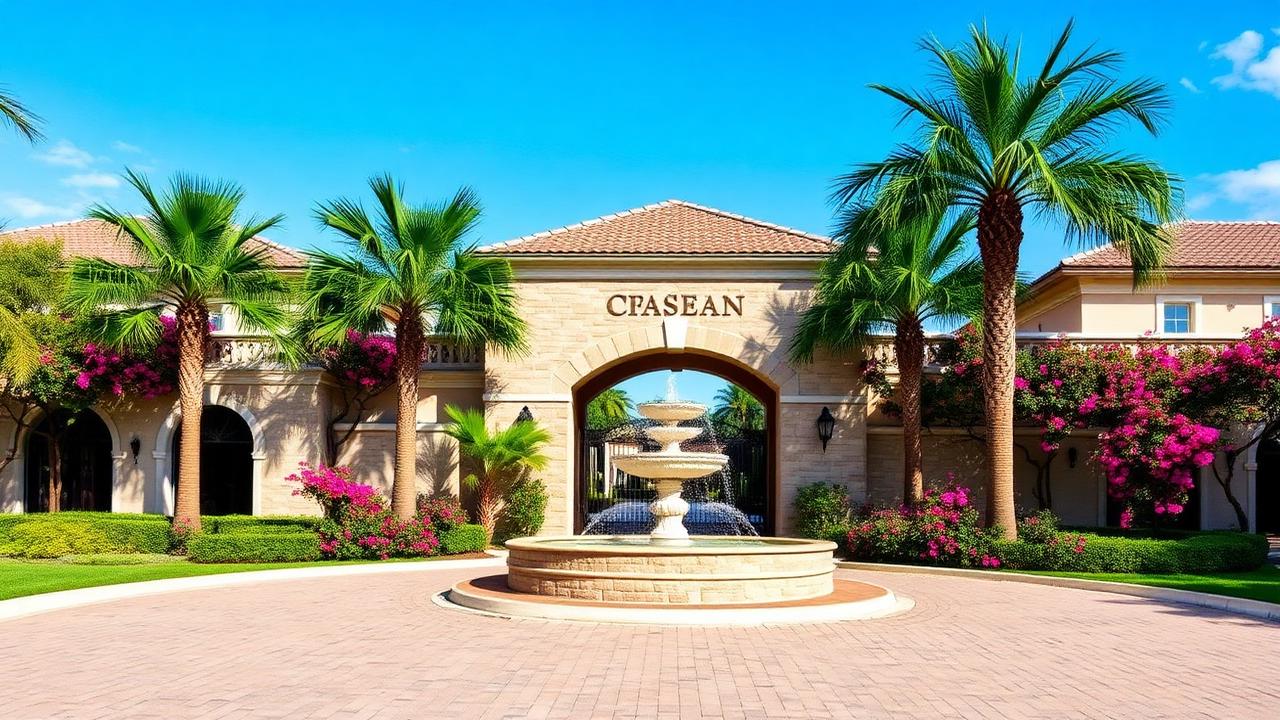 Elegant Boca Raton gated community entrance with stone gateway and fountain.