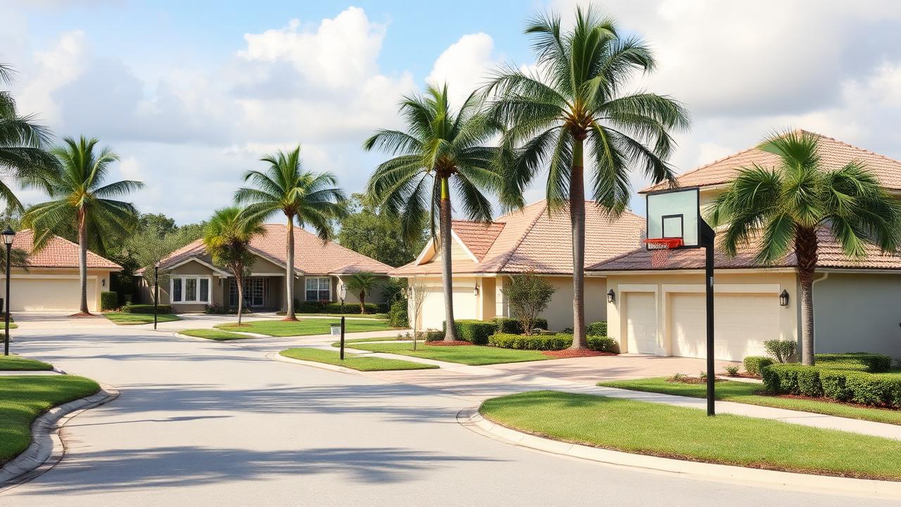 Quiet Boynton Beach family cul-de-sac with two-story homes and basketball hoops.