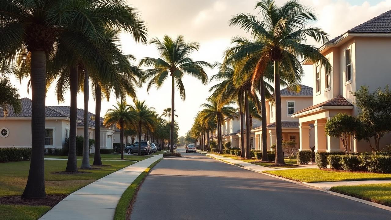 Central Boca Raton planned community street with sidewalks and palms.
