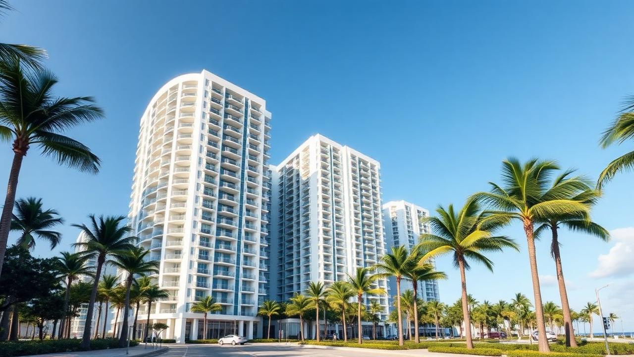 Modern South Florida coastal condominium towers along a palm-lined boulevard.