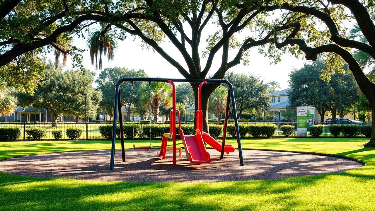 Empty Florida family playground in a leafy suburban park.
