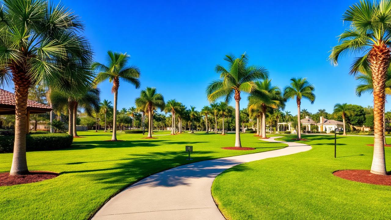 Coral Springs community park with a paved walking path and palms.