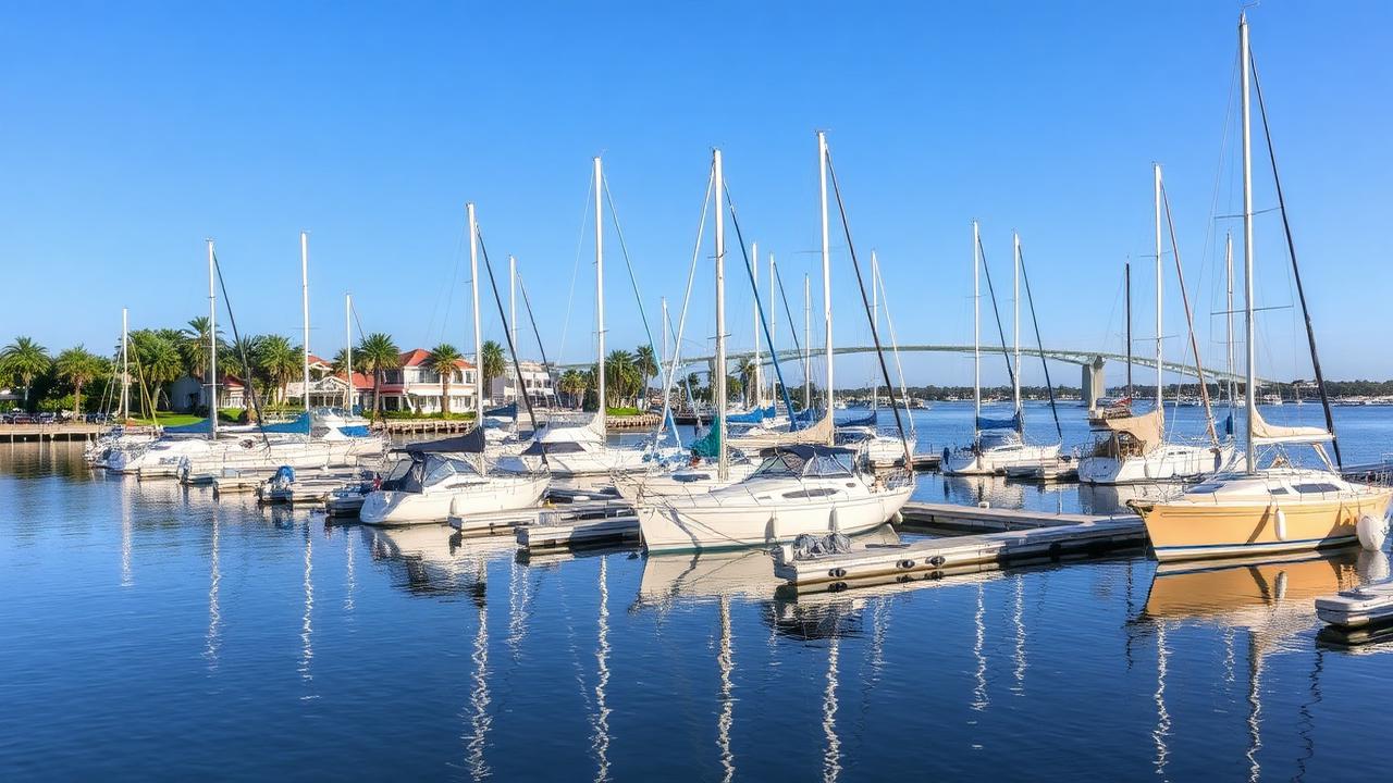 Deerfield Beach marina with moored sailboats and palm-lined dock.