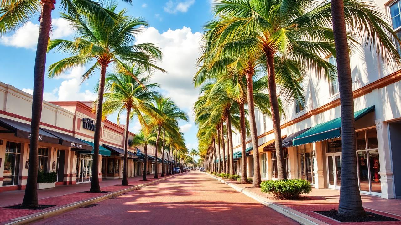 Charming Delray Beach downtown street with palms and brick sidewalks.