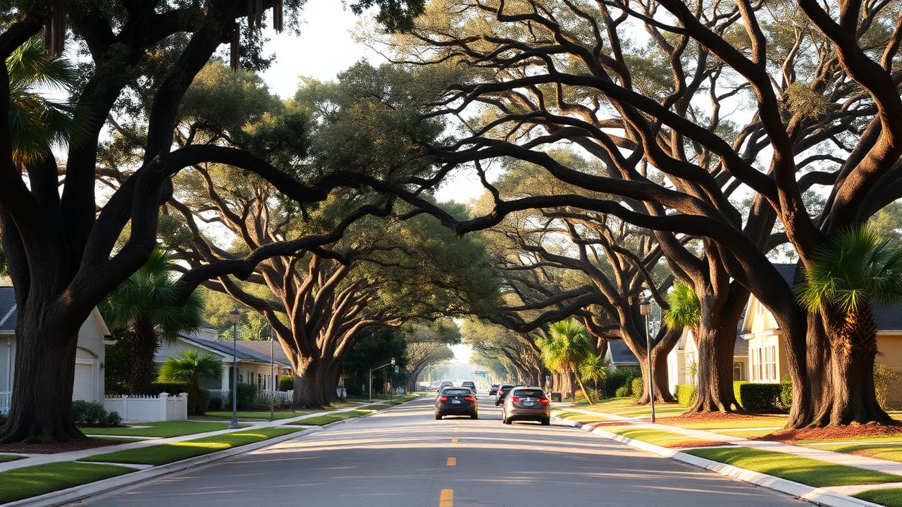 Tree-lined Shabbat-walkable residential street in a South Florida Orthodox suburb.
