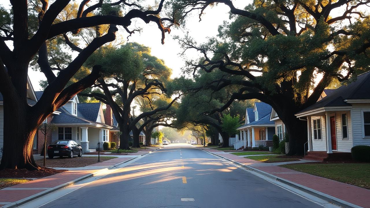 Gainesville small college-town residential street with brick sidewalks and oaks.