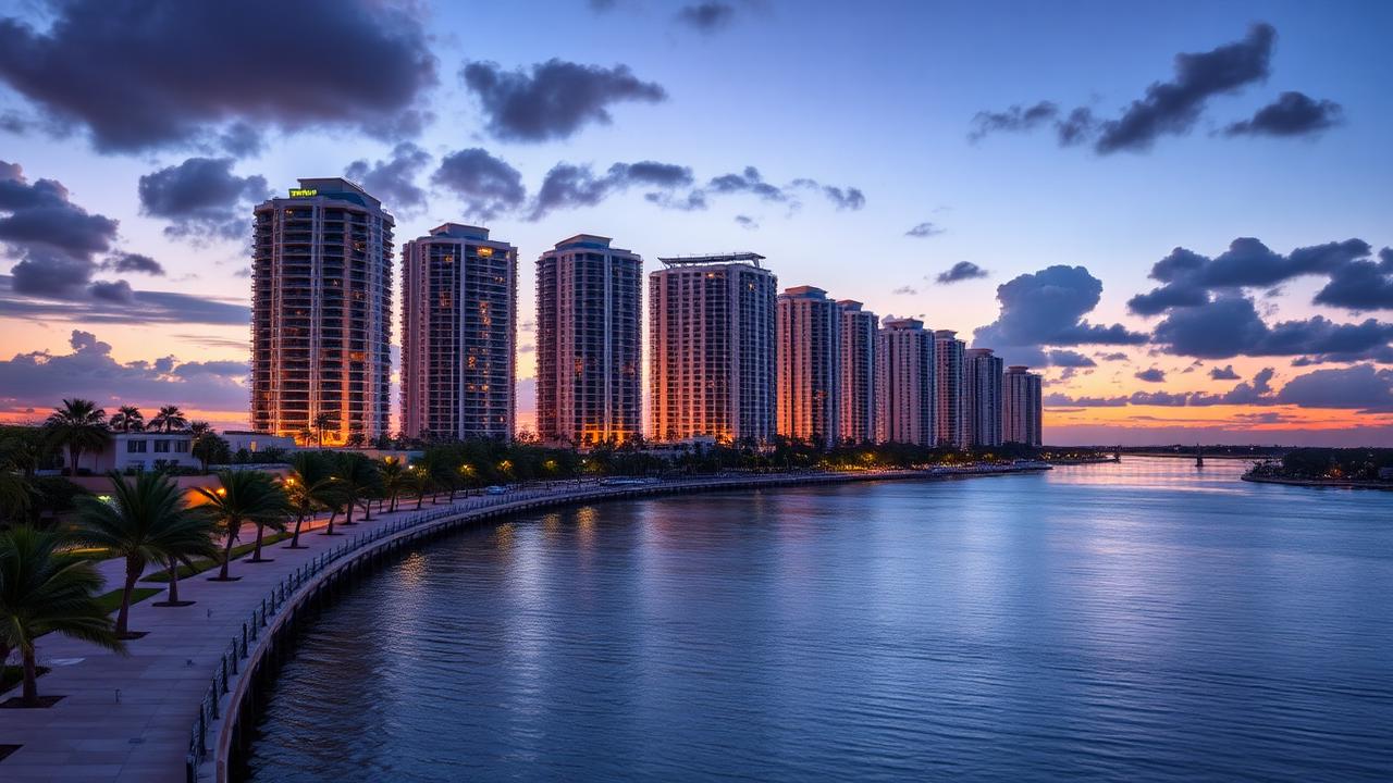 Hallandale Beach high-rise condominium skyline along the intracoastal at dusk.