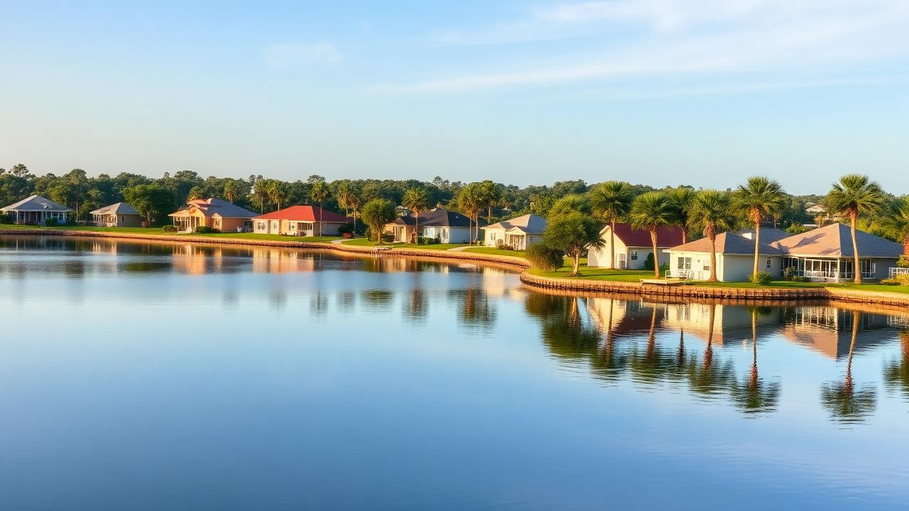 Lakeside South Florida residential community with single-story homes and palms.