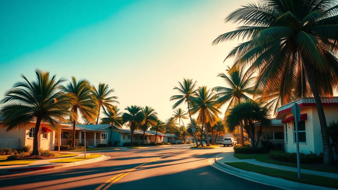 Classic Hollywood Florida palm-lined boulevard with mid-century homes.