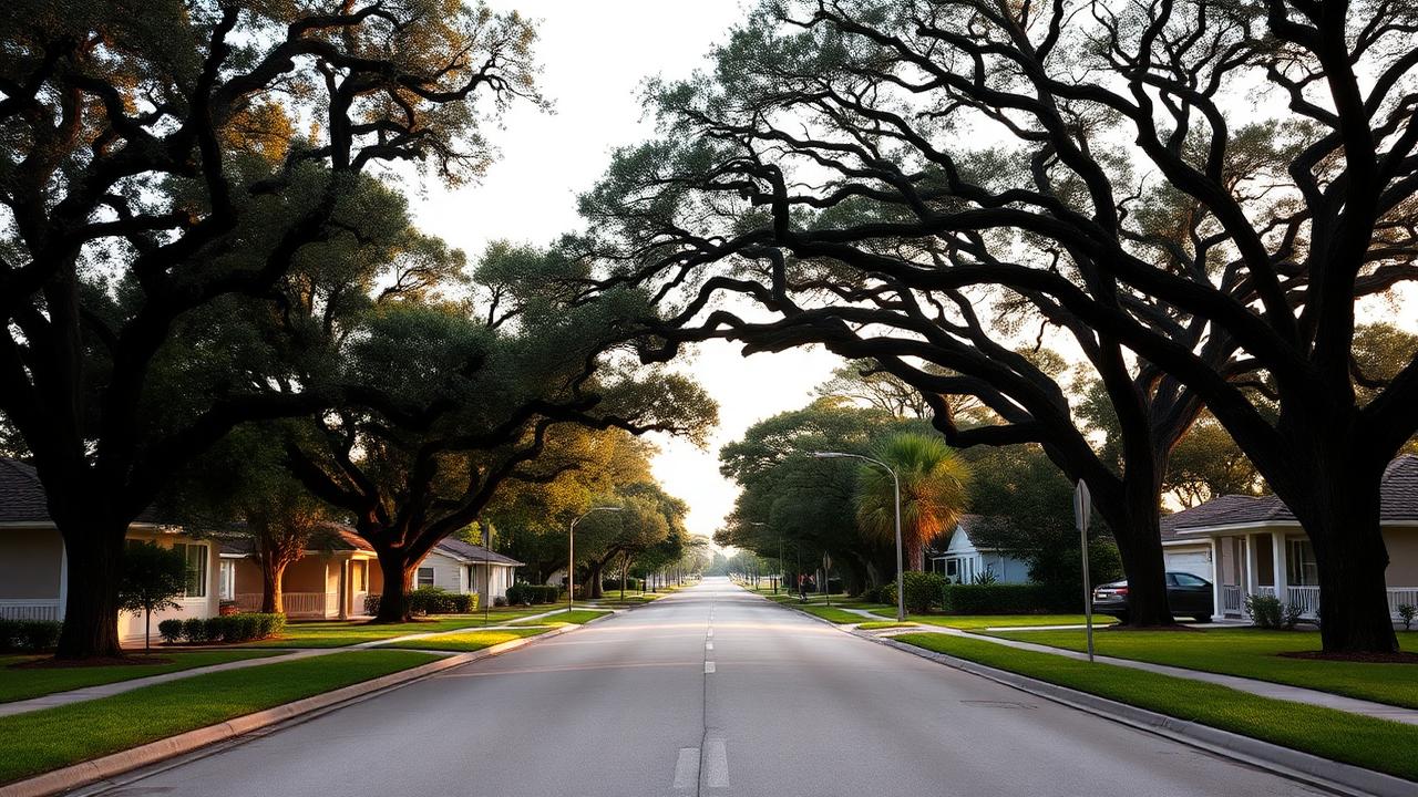 Quiet inland South Florida street with mature oak canopy and ranch homes.