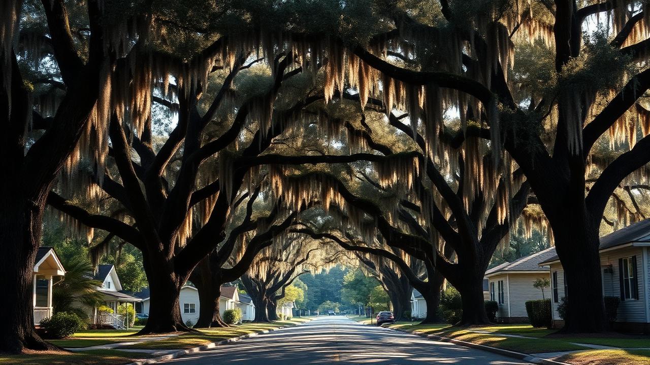 Jacksonville northeast Florida shaded street with Spanish-moss-draped oaks.