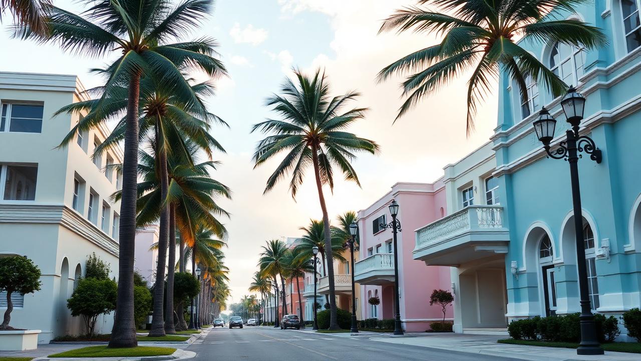 Art deco pastel residential street in Miami Beach with old streetlamps.