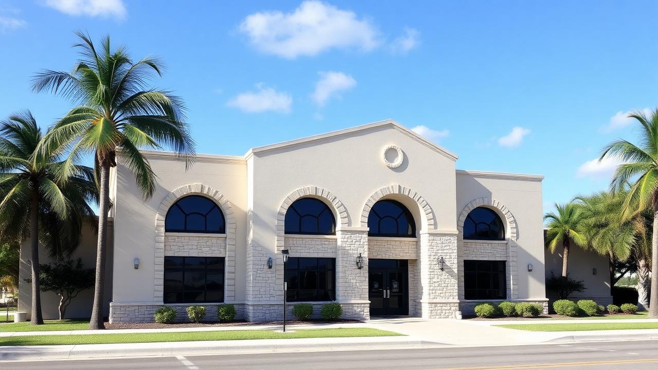 Modest suburban synagogue exterior with arched windows in North Miami Beach.