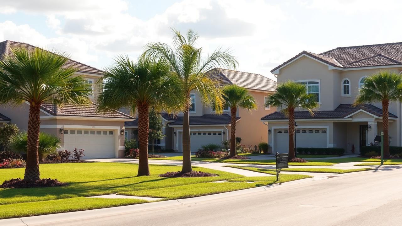 Orlando central Florida suburban subdivision with newer homes and young palms.