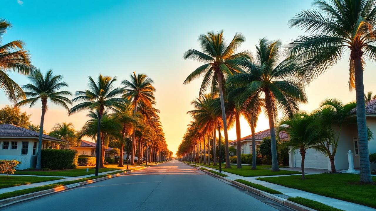 Palm-lined residential street in a South Florida Jewish community area.
