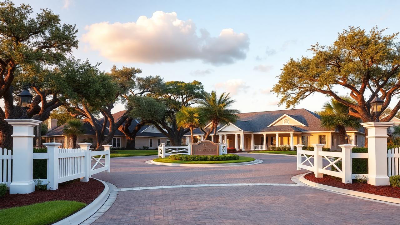 Parkland upscale gated equestrian-style community entrance with white fences.