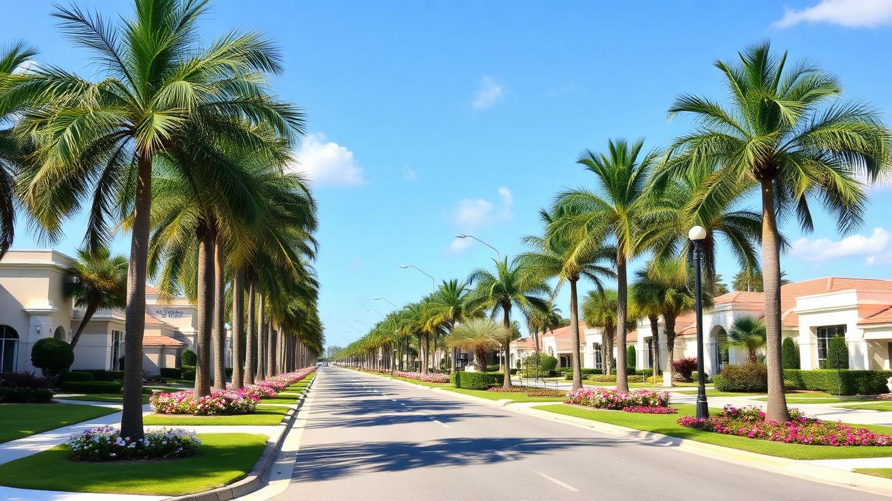 Palm Beach Gardens manicured suburban boulevard with median palms and flower beds.
