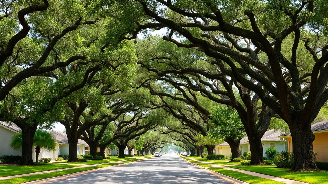Plantation tree-canopied suburban street with dense oak canopy.