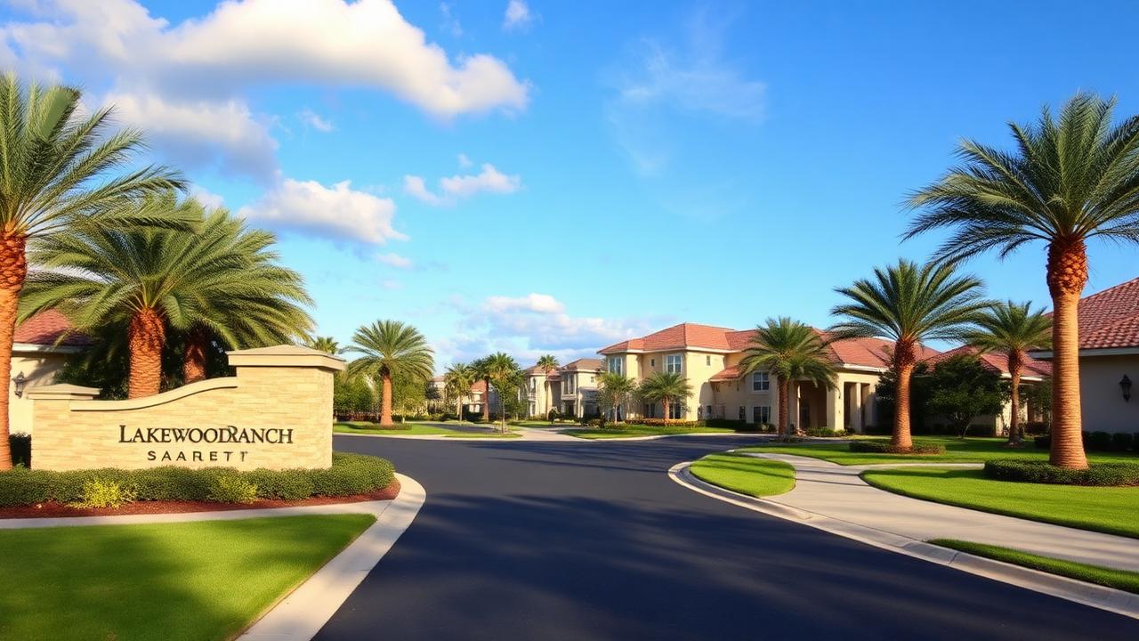Sarasota Lakewood Ranch master-planned community welcome entrance with palms.