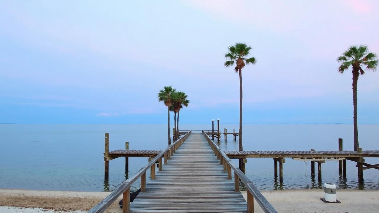 St. Petersburg coastal town wooden pier extending into the calm bay.