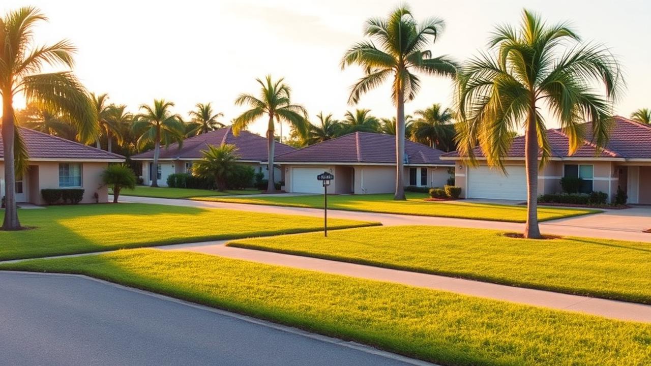 Calm sunny South Florida family neighborhood with single-family homes and palm trees.