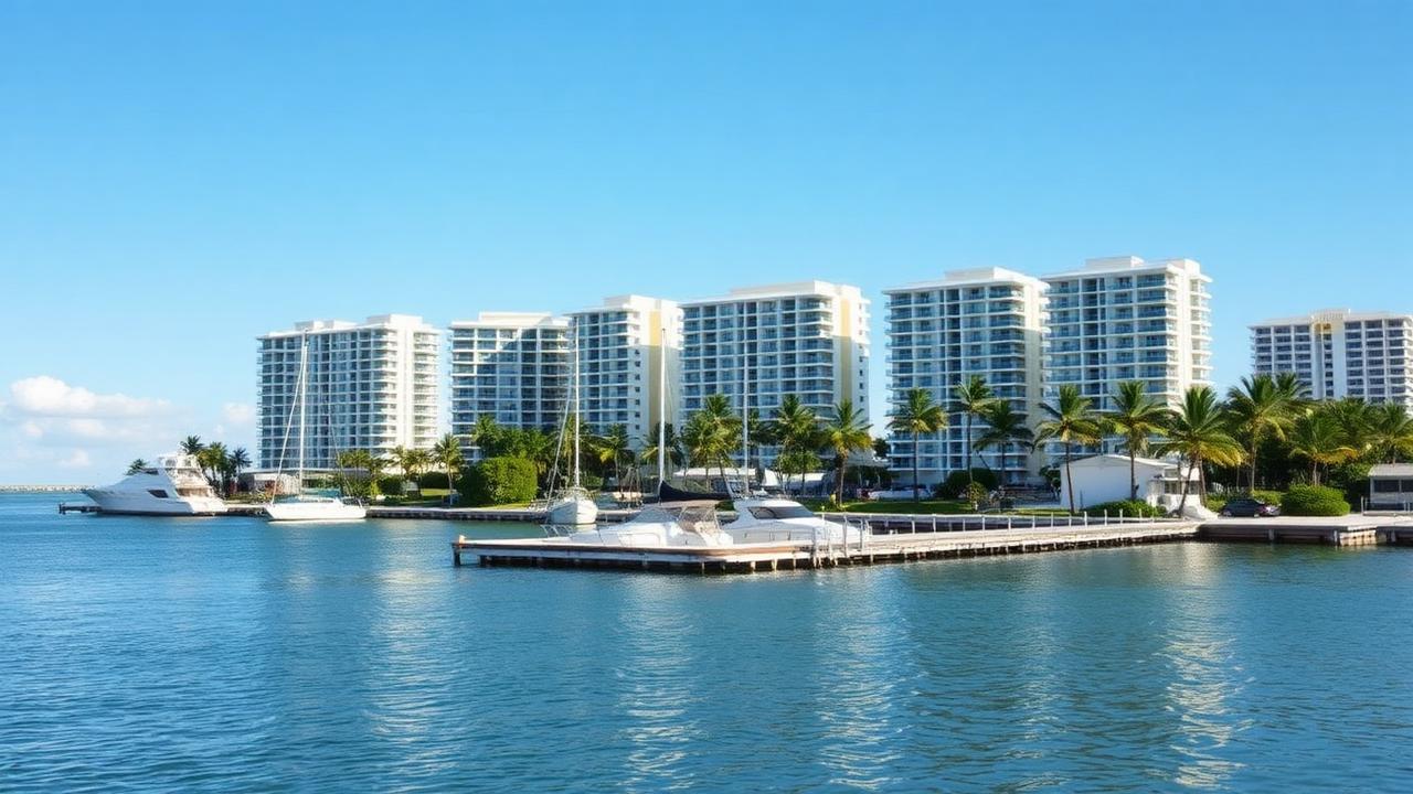 Sunny Isles oceanfront condominium cluster with a small marina.