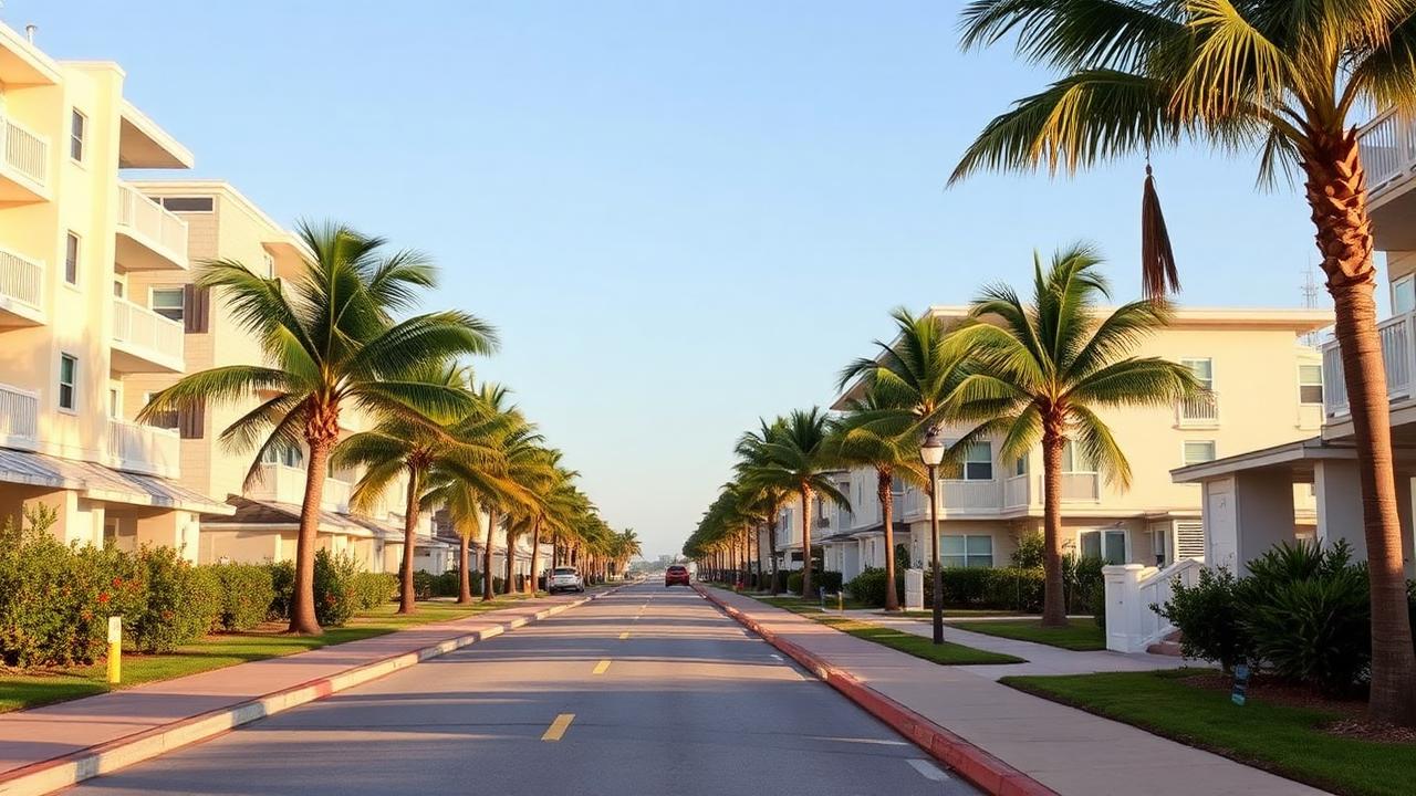 Surfside low-rise beachside residential street with bike path and palms.