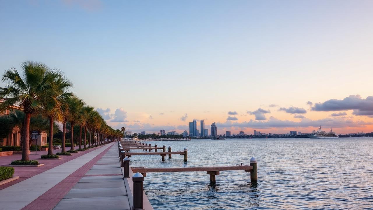 Tampa bay-view neighborhood with waterfront promenade and distant skyline.
