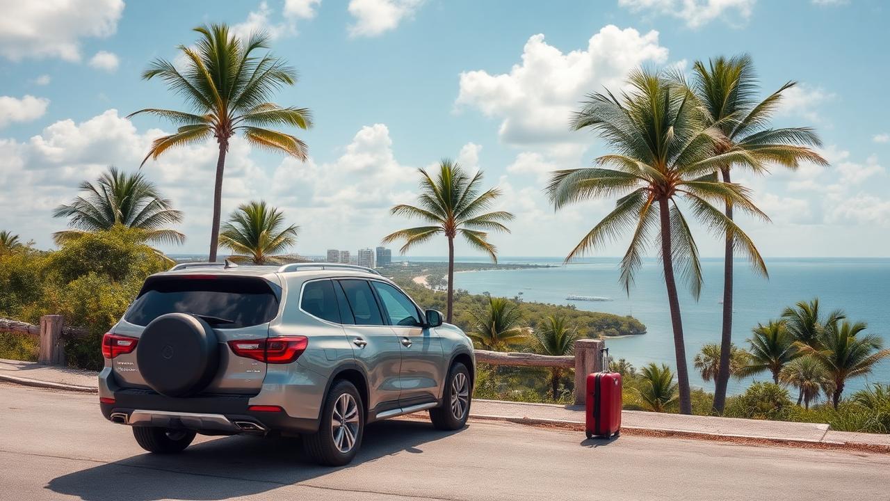 Florida coastal road with a parked SUV and suitcase — scouting trip atmosphere.