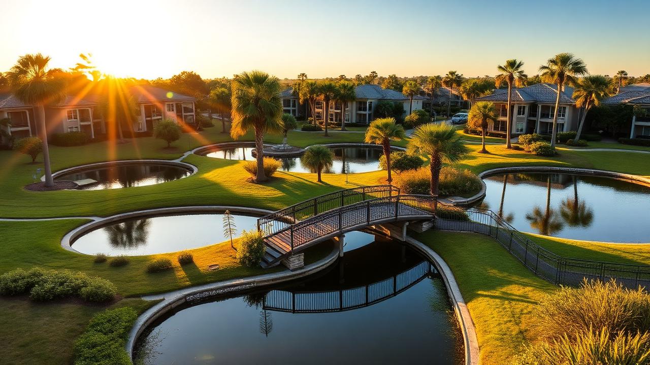Weston planned community with multiple small lakes and an arched footbridge.
