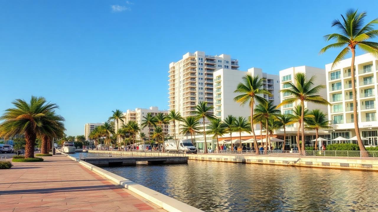 West Palm Beach cultural downtown waterfront promenade with palms.